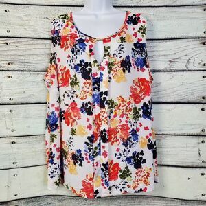 Rose + Olive Women’s Top 3X White Multicolor Floral Print Sleeveless Keyhole